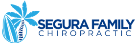 Blue chiropractic clinic logo with a palm tree and surfboard next to the text