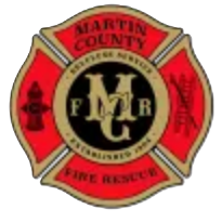 Martin County Fire Rescue emblem featuring a red and gold Maltese cross with firefighting symbols